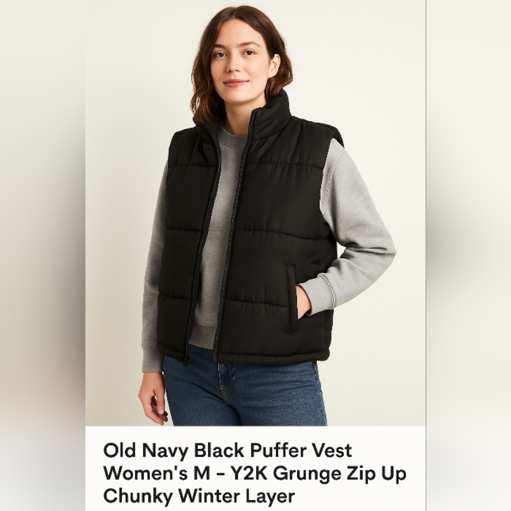 Old Navy Black Puffer Vest Women’s M – Y2K Grunge Zip Up Chunky Winter Layer